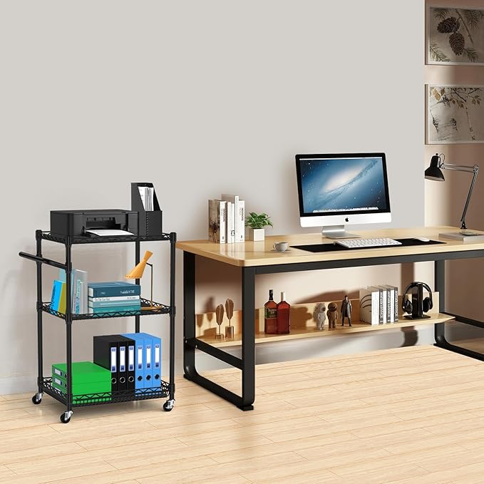 3 Tier Rolling Cart with Wheels, Metal Utility Cart for Storage Heavy Duty Wire Trolley for Kitchen Serving Grocery Food with 3 Shelf Liners 6 Hooks, 18 x 23.8 x 37 Inches, Black