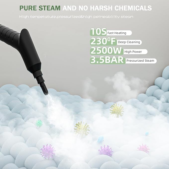 Handheld Steam Cleaner 2500W,10s Fast Heat-Up & 50.73OZ Large Tank,Pressurized Portable Steamer with 9 Accessories for Home,Car,Kitchen,Bathroom,Floors,Grout,Tile,Upholstery