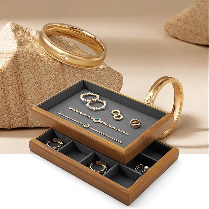 Oirlv Solid Wood 6 Grid Jewelry Organizer Tray Jewelry Drawer Organizer(Grey)