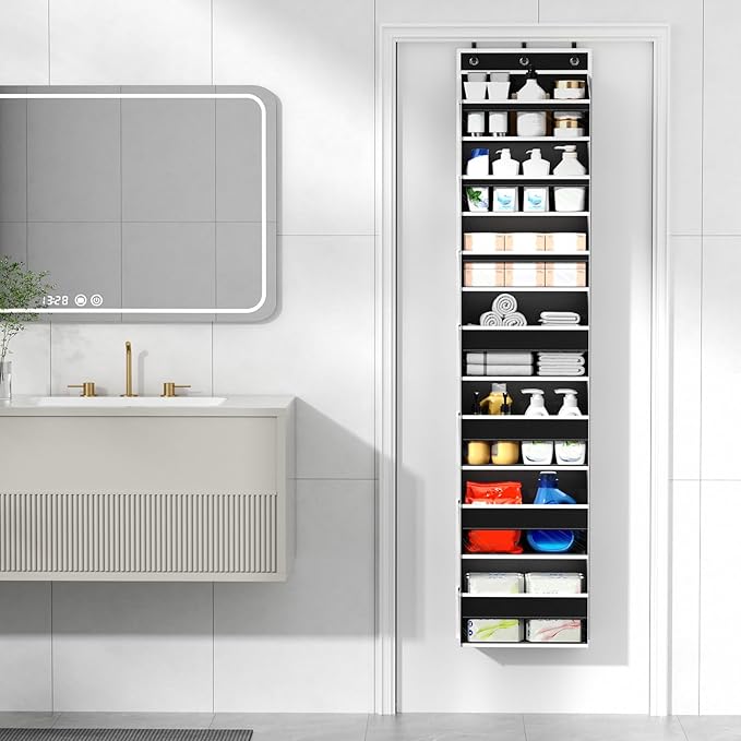 Over The Door Organizer, 7 Tier Door Hanging Organizers with 7 Large Pockets 12 Side Pockets, Behind Door Storage Hanging Shelves for Closet Bathroom Bedroom Nursery