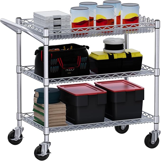WDT 990Lbs Capacity Heavy Duty Rolling Utility Cart, NSF Rolling Carts with Wheels,Commercial Grade Metal Cart with Handle Bar & Shelf Liner,Trolley Serving Cart for Kitchen,Restaurant,Silver