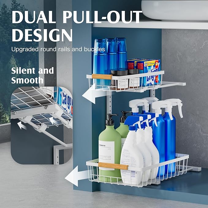 2 Pack Under Sink Organizers and Storage, Height Adjustable Cabinet Organizer Pull Out Drawer, 2 Tier Metal Under Kitchen Bathroom Sink Organizer, White, VF-JT01-WH