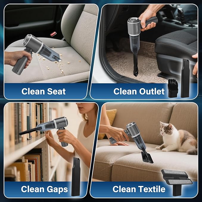 4-in-1 Car Vacuum Portable Cordless & Dust Buster, 20000pa High Power Handheld Vacuum Cordless Rechargeable, Mini Vacuums with 3 Reusable Filter, Vacuum Cleaner for Car Home Office & Pet(Silver Gray)