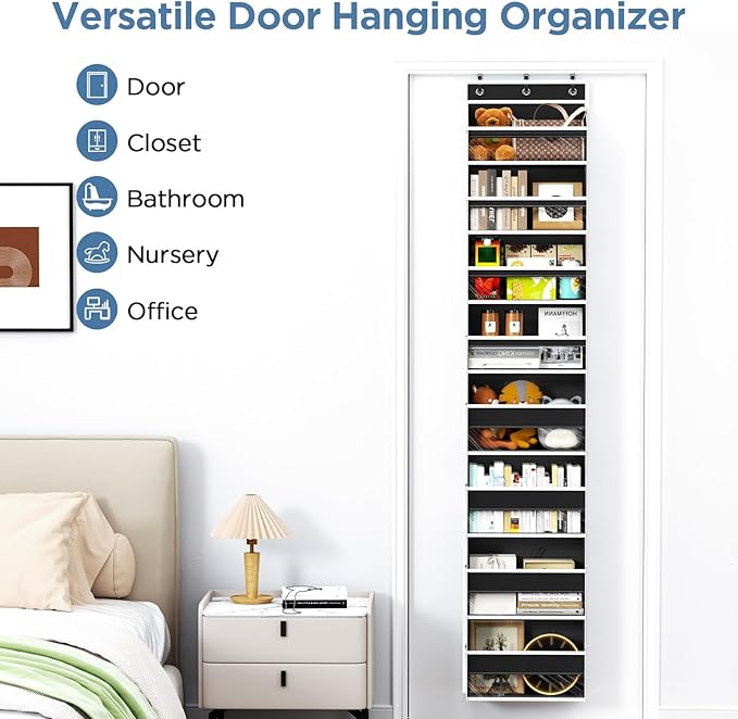 Over The Door Organizer, 8 Shelf Door Hanging Organizers with 8 Large Capacity Pockets, Back of Door Organizer Storage Hanging Shelves for Closet Bathroom Bedroom Nursery