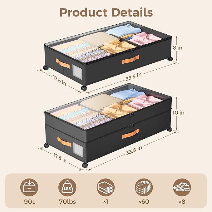 Under Bed Storage with Wheels, Large Capacity UnderBed Containers with Clear Lids, Shoe Organizer Under Bed Drawers, Rolling Under the Bed Storage for Clothes, Shoes, Blankets