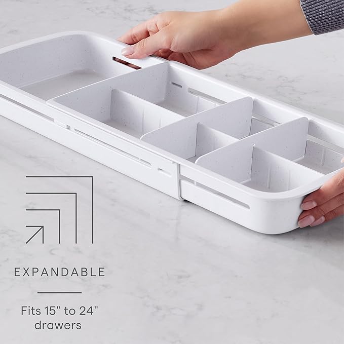 YouCopia DrawerFit Sliding Drawer Tray with Adjustable Dividers, Expandable Kitchen Storage Organizer, Speckled White
