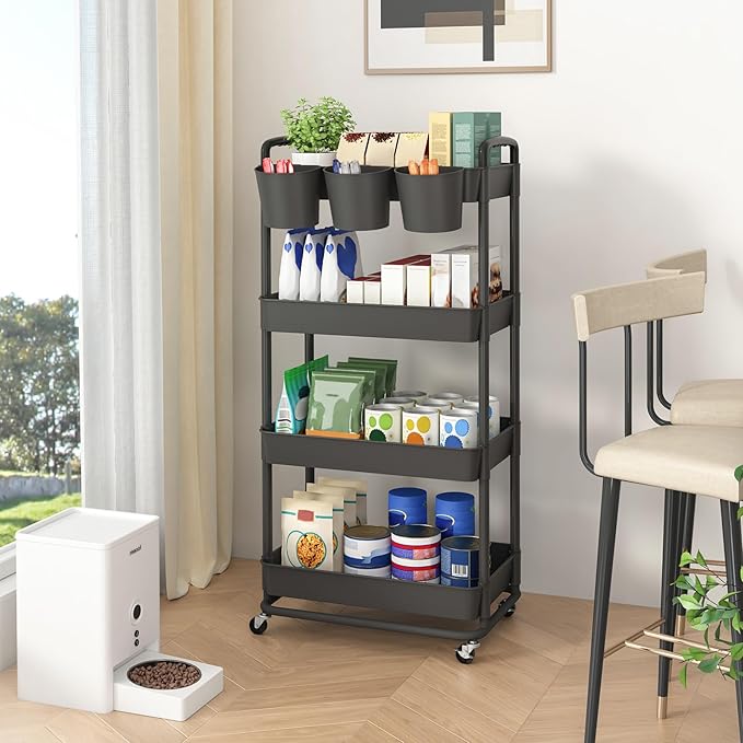 JIUYOTREE 4-Tier Plastic Rolling Storage Cart Utility Cart with Extra Hanging Cups Handles Lockable Wheels for Living Room Bathroom Kitchen Office Black