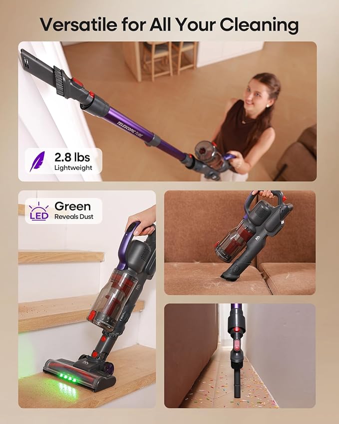 Cordless Vacuum Cleaner 45KPA, Up to 60mins Runtime Lightweight Powerful Suction Vacuum Cleaners for Home, 3 Suction Modes, Rechargeable Stick Vacuum for All Floor/Carpet/Pet Hair/Car, A03