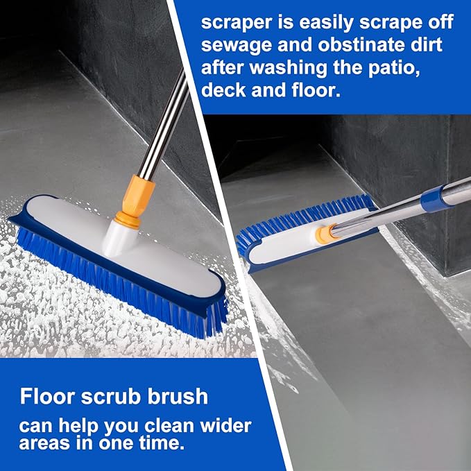 ITTAHO Floor Scrub Brush - 2 in 1 Deck Scrub Brush with Long Handle for Tile, Deck, Patio, Marble, Garage, Wall, Kitchen, Bathroom