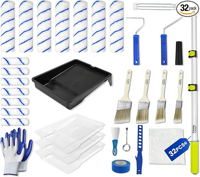 32PCS Paint Roller Kit with Extension Pole - 2 to 4 FT Pole, 4 inch 9 inch Paint Rollers, Paint Brushes for Walls, Painters Tape & Drop Cloth, Microfiber Roller Covers for Professional Painting