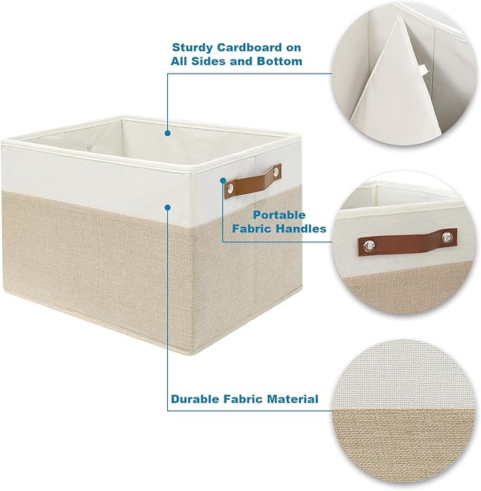 4 Pack Fabric Storage Baskets for Shelves, Closet Storage Bins for Shelves, Fabric Baskets for Organizing with Handles for Home and Office (White with Beige,15"L*10.2"W*9"H)