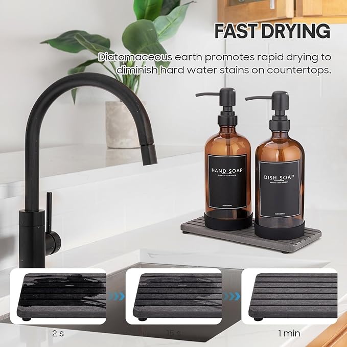 Kitchen Soap Dispenser Set with Instant Dry Tray & Sponge Holder,16 Oz Hand and Dish Soap Amber Glass Dispenser Set,Stainless Steel Pump,Waterproof Labels,Luxury Soap Bottle for Bathroom