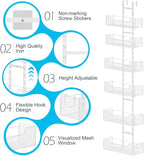 Over The Door Organizer, Metal Hanging Door Organizer with 6 Adjustable Baskets and 5 Hooks, Behind The Door Storage for Closet Pantry Cabinet Kitchen Bathroom Bedroom, White