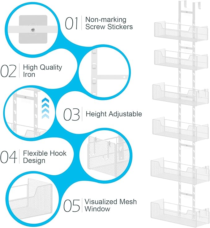 Over The Door Organizer, Metal Hanging Door Organizer with 6 Adjustable Baskets and 5 Hooks, Behind The Door Storage for Closet Pantry Cabinet Kitchen Bathroom Bedroom, White