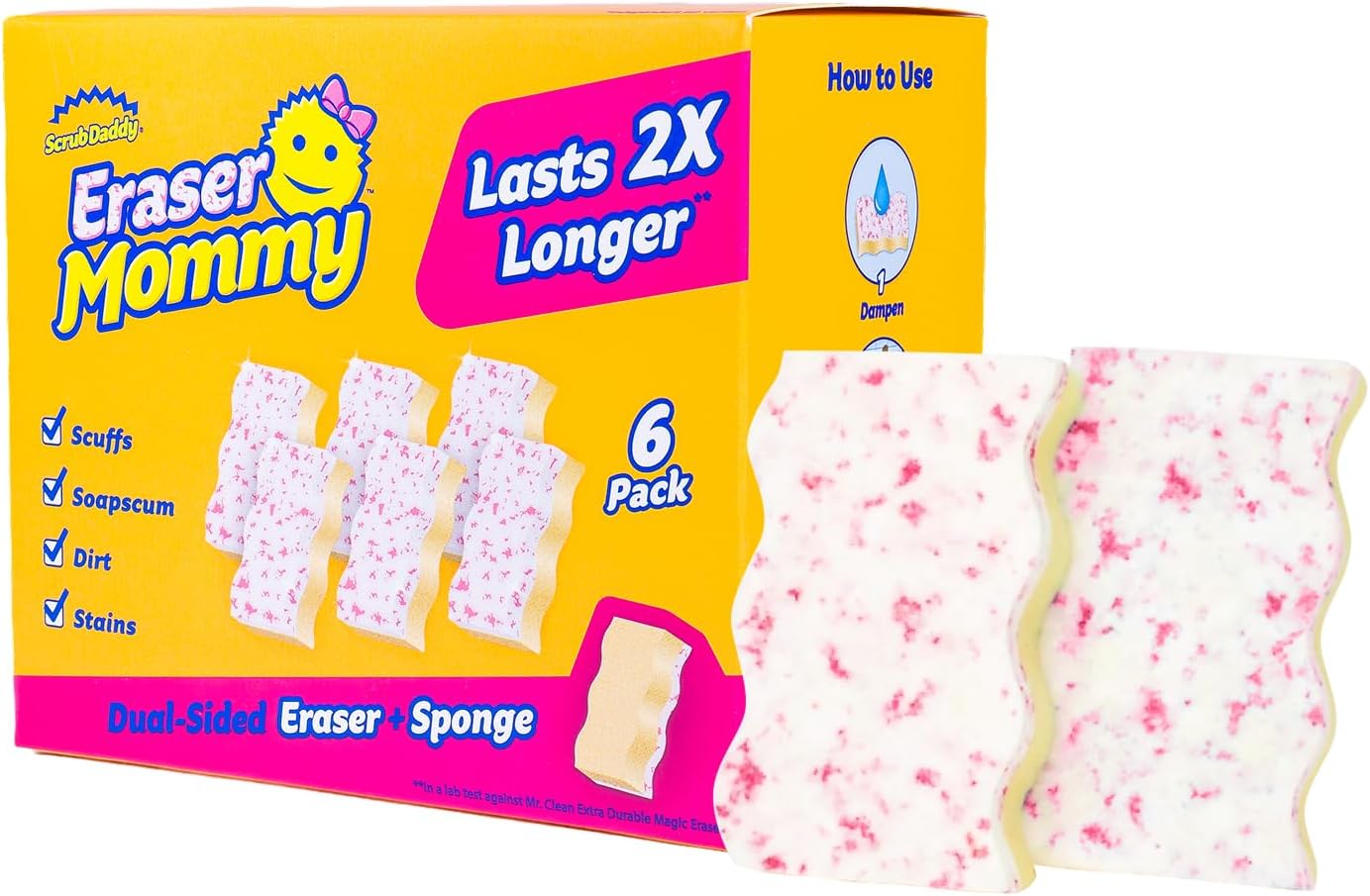 Scrub Daddy Eraser Mommy Sponges 45x - Water-Activated Cleaning Sponge with FlexTexture Scrubbing Gems - 3-in-1 Erase, Scrub, Wipe Tool for Walls, Doors, Baseboards, Hard Surfaces (6 Count)