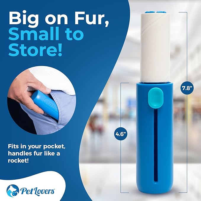PetLovers Mini Lint Roller Travel Size 50 Sheets – Compact pet Hair Remover for Dog and cat Fur. Lightweight Design Ideal for Clothes Furniture and car. Perfect for Quick and Easy on The go Cleaning