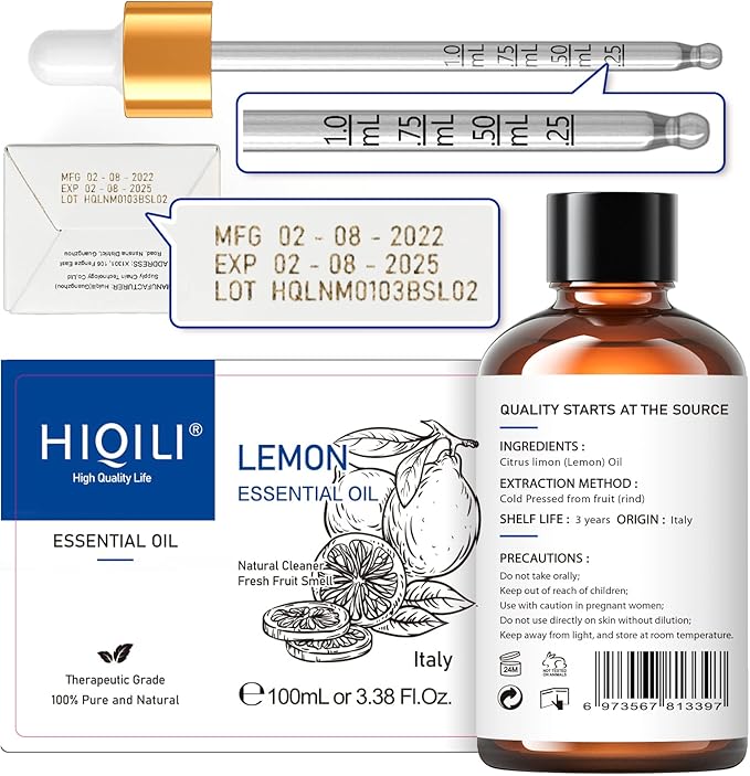 HIQILI Lemon Essential Oil, Household Cleaning, Air Purification, Skin Care, Can be Added to Cleansers, Sprays, Body Lotions Use - 3.38 Fl Oz/100ML