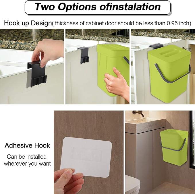 Compost Bin Kitchen, Bring 5 Rolls (100) of Garbage Bags, for Use on Countertops or Under Sinks, Hanging Trash Can with Lid, for Cupboard/Bathroom/Bedroom/Office/Camping(Green 0.8 Gallon/3L)
