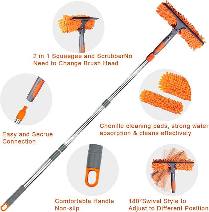 BITOPE 2 in 1 Squeegee for Window Cleaning Tool,Long Handle Window Cleaner Tool with Stainless Steel Extension Pole for Car,Shower, Glass Doors, Outdoor High Window
