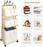Homde Laundry Basket 3 Tier Bamboo Storage Shelf with Wheels Removable Container with Handle Freestanding Clothes Hamper Organizer for Bathroom Living Room Bedroom (Natural)