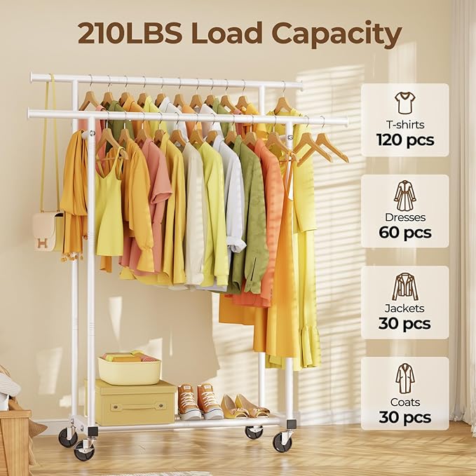 HYSEYY Double Rods Clothes Rack, Rolling Clothing Rack for Hanging Clothes Portable Wardrobe Rack, Metal Garment Rack Sturdy Coat Rack for Bedroom Laundry Living Room, White