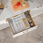 Bamboo-Silverware-Drawer-Organizer-Kitchen, Expandable Utensil Holder Cutlery Tray Flatware Organization Adjustable Wood Tableware Dividers Storage (with Removable Knife Block)(White)