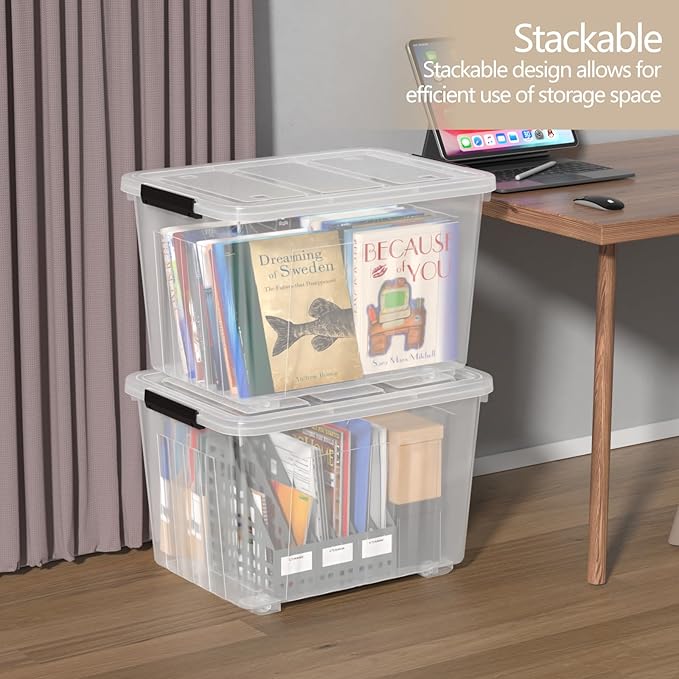 Zopnny 4-Pack Storage Box, 70 Quart Storage Container with Lids and Secure Latching Buckles, Plastic Wheeled Storage Bin Stackable and Nestable, Ideal for Home and Industrial Storage