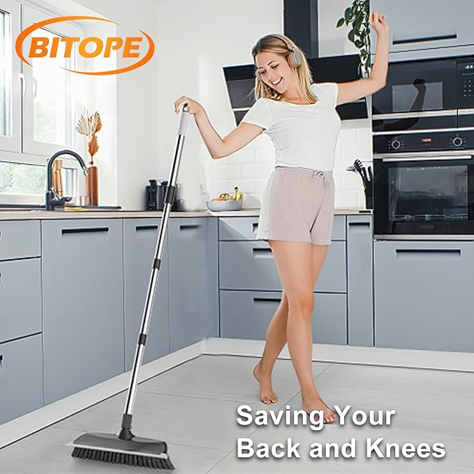 Floor Scrub Brush with Long Handle, Adjustable Stainless Steel Handle, Stiff Bristles & Rubber Squeegee Scraper, Heavy Duty Scrubber, Ideal for Cleaning Floor, Concrete, Deck, Hardwood, Patio, Tile