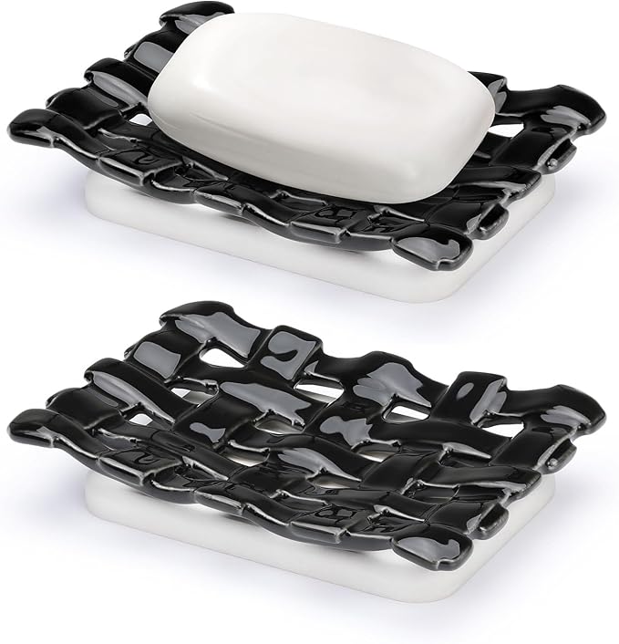 Shinowa Self Draining Soap Dish, Dual Layer Soap Container, Woven Ceramic Soap Tray + Diatomaceous Earth Base, Dish Soap Holder for Kitchen, Bathroom, Shower, Quickly Drain Water, Easy to Clean