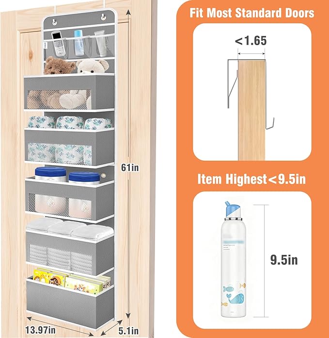 WISELIFE Over The Door Organizer - 6 Shelves Detachable Hanging Bedroom Storage Solution with 5 Large Pockets and 3 PVC Pockets for Dorm Bathroom, Pantry Nursery Baby Essentials (Grey)