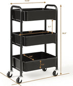 SunnyPoint 3-Tier Delicate Compact Rolling Metal Storage Organizer - Mobile Utility Cart Kitchen/Under Desk Cart with Caster Wheels - BLK (15.35" X 10.24" X 26.8"H)