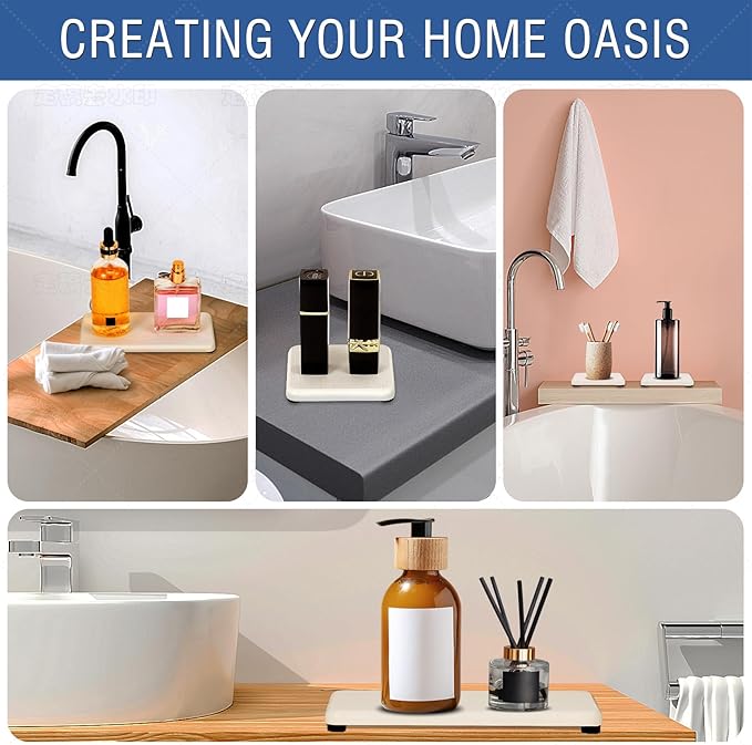 4PCS Water Absorbing Stone Tray, Quick Drying Diatomite Stone Sink Tray, Water Absorbent Stone Coasters for Bathroom Counter, Kitchen Soap Dish Holders Toothbrush Holders in Modern Home