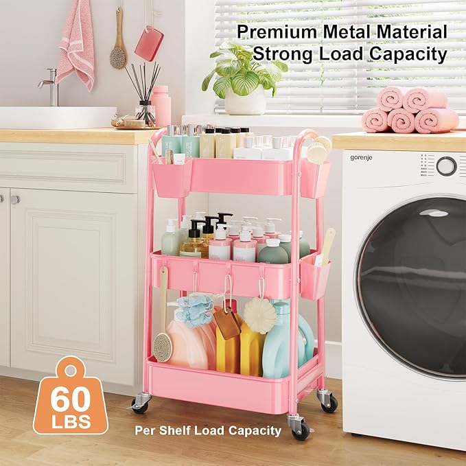 3 Tier Rolling Storage Cart Metal with Wheels, Pink Three Tiered Craft Cart Organizer on Wheels, Utility Carts for Baby Nursery, Diaper Caddy, Art, Book, Snack, Nail, Makeup, Bathroom Supplies, Mesh
