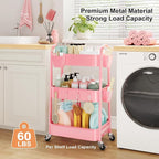 3 Tier Rolling Storage Cart Metal with Wheels, Pink Three Tiered Craft Cart Organizer on Wheels, Utility Carts for Baby Nursery, Diaper Caddy, Art, Book, Snack, Nail, Makeup, Bathroom Supplies, Mesh