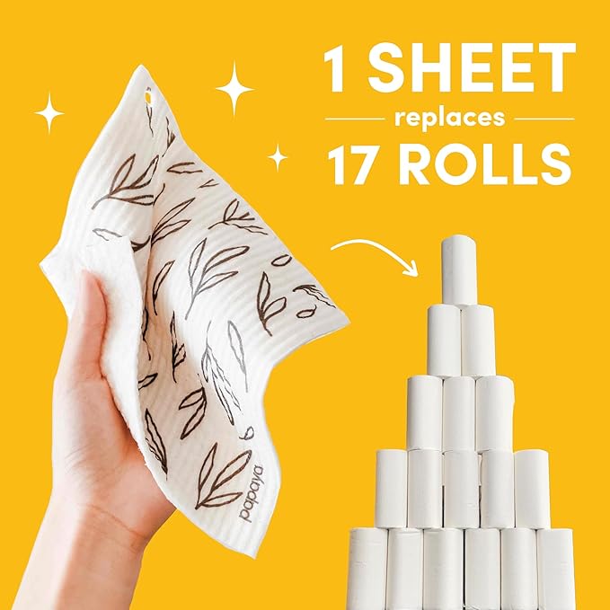 Papaya Reusable Paper Towels 2-Pack - 2 Sheets + 1 Hooks, Quick Drying, No Odor, 1 Sheet Replaces 17 Rolls, Washable Kitchen Cloth, Sustainable Dish Sponge, Eco Friendly Gift