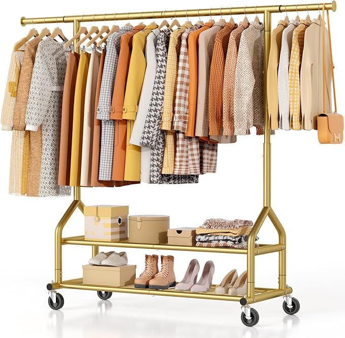 EAGMAK Heavy Duty Clothes Rack Load 556 LBS, Rolling Clothing Rack With Shelves, Height Adjustable Metal Clothes Hanger with Wheels Portable Wardrobe Organizer Garment Rod for Hanging Clothes (Gold)