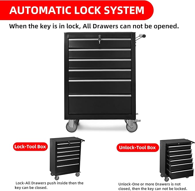 Tool Chest Cabinet, Large Capacity Metal Tool Box with Wheels and Cylinder Locking, Roll Around Storage Organizer Tool Cart for Garage, Redtool cabinets on Wheels (Black, 6-Drawer-Wheel)