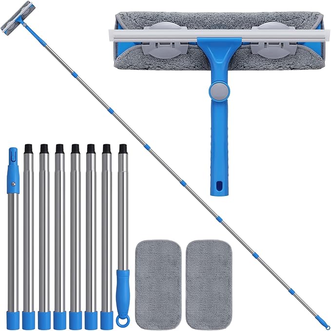 15 Feet High Reach Window Squeegee with Extension Pole(10Ft), 2-in-1 Window Cleaner Tool, Window Washing Kit, Long Window Cleaning Equipment for High Indoor Outdoor Windows Car RV Windshield