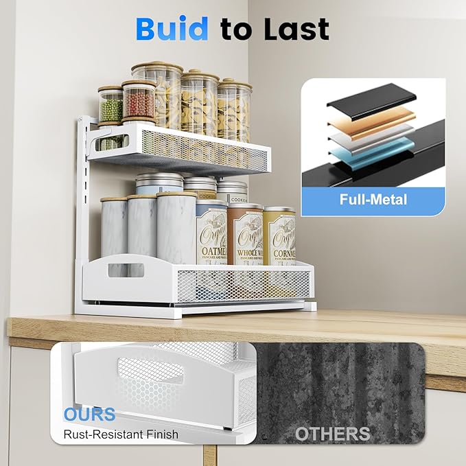 Metal Under Sink Organizer, Pull Out Cabinet Organizer Rack with Silk-Smooth Bottom Drawer, 5-Level Adjustable, Multi-Purpose Storage Shelf for Bathroom, Kitchen, Vanity, Pantry (2-Pack)