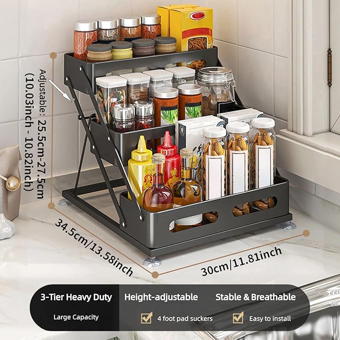 Bokelai Spice Rack 3 Tier Foldable Seasoning Organizer Jars Storage Holder Step Shelf for Cabinet Kitchen Countertop Pantry Coffee Bar Black