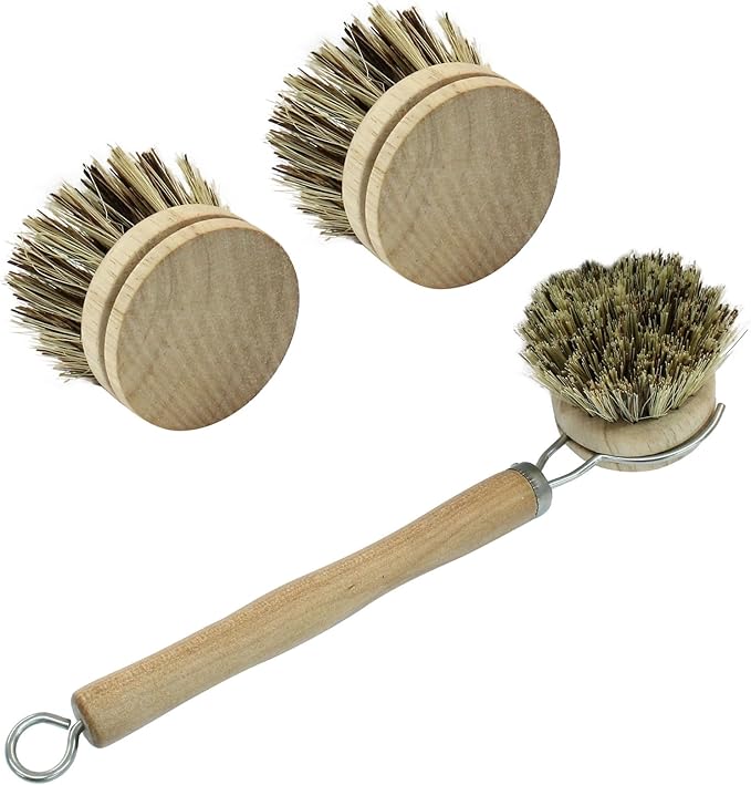 8Pcs Wooden Dish Brush Set, 8Pcs Bamboo Scrub Brush Replacement Heads and 1 Handle for Kitchen Pots and Pans Cleaning Supplies(Coconut Brown)