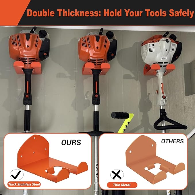 Upgraded Heavy Duty Trimmer Rack 2 Pack - Wall Mounted Garage Organizer, Power Tool Hanger for Weed Eater, Grass Trimmer, Hedge Trimmer, Leaf Blower, Chainsaw & Garden Tools Storage