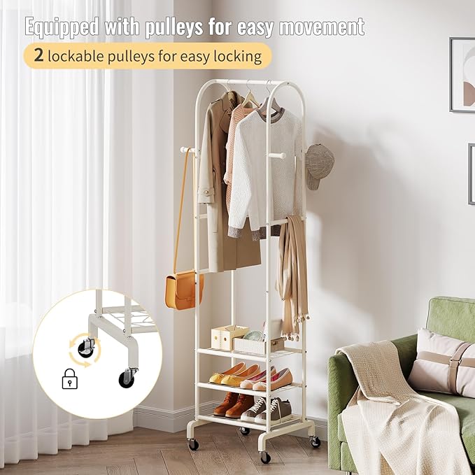 Garment Rack with Wheels,Small Metal Coat Rack With 4 Hooks,Freestanding Heavy Duty Clothing Rack with Shoe Shelves,Hanging Rod for Small Space,Bedroom,Entryway, Office, Living Room (White)