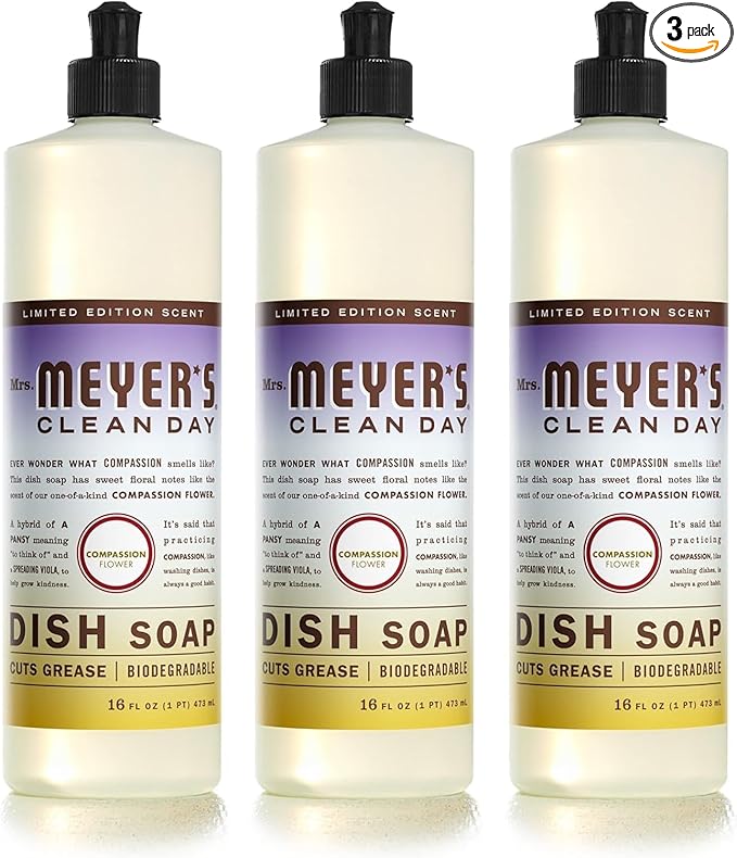 Mrs. MEYER'S CLEAN DAY Liquid Dish Soap, Biodegradable Formula, Compassion Flower, 16 fl. oz - Pack of 3