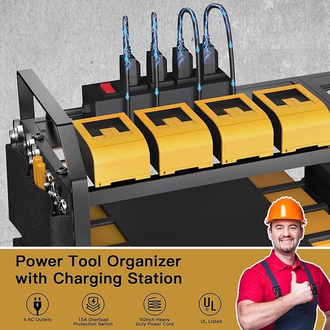 Power Tool Organizer with Charging Station: 7 Cordless Drills Holder Wall Mount Power Tool Shelf Storage Systems with 4 Outlet Power Strip, Electric Tool Storage Rack for Garage Organization/Workshop
