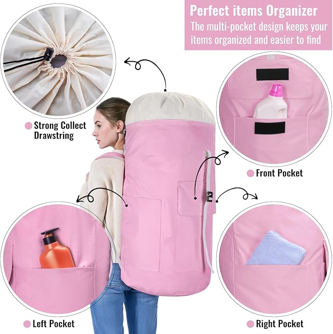 Laundry Bag Backpack, 125L Extra Large Travel with Shoulder Straps, Adjustable & Extendable Design, Laundry Hamper Bag with 3 Pockets for Laundromat, College, Travel, Camping (Pink)