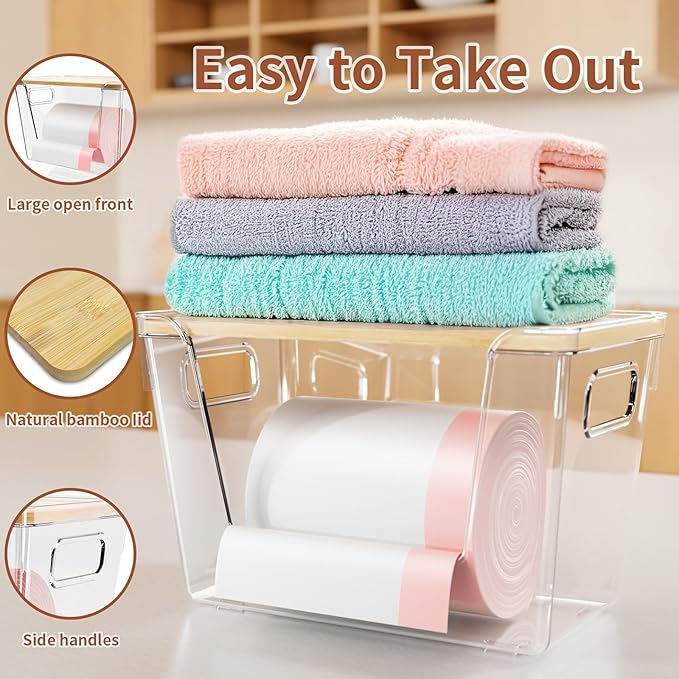2 Set Stackable Storage with Bamboo Top for Laundry Room Organization, Extra Large Trash Bag/Garbage Bag Dispenser, Under Sink Organizer, Pantry Organizers