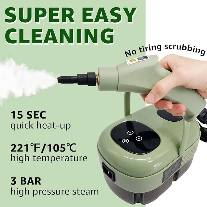 2500W Handheld Steam Cleaner, Pressurized Portable Steamer for Car Detailing, Home Cleaning, Upholstery, Kitchen, Bathroom, 35oz Tank, 6-Level Adjustable Steam Control (Green 2)