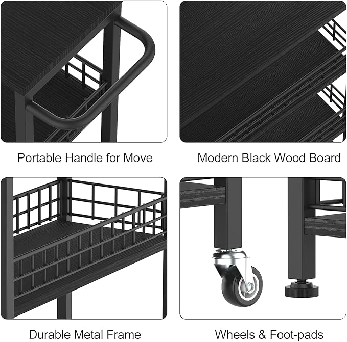 Slim Storage Cart 4 Tier Rolling Kitchen Cart Utility Serving Cart Laundry Room Narrow Cart with Handle Mobile Sheving Unit Organizer Wood Rolling Storage Cart for Bathroom Small Spaces, Modern Black