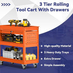 3 Tier Rolling Tool Cart with Drawer, 450 LBS Heavy Duty Utility Cart on Wheels, Service Cart for Garage, Workshop and Warehouse (Orange)